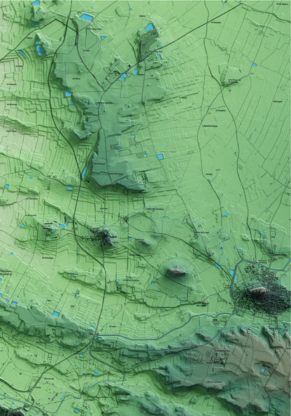 Mapa artístico del relieve de les Borges Blanques, a las Garrigues, con 15 km de entorno y base topográfica ICGC. Detalle de la zona superior derecha.
