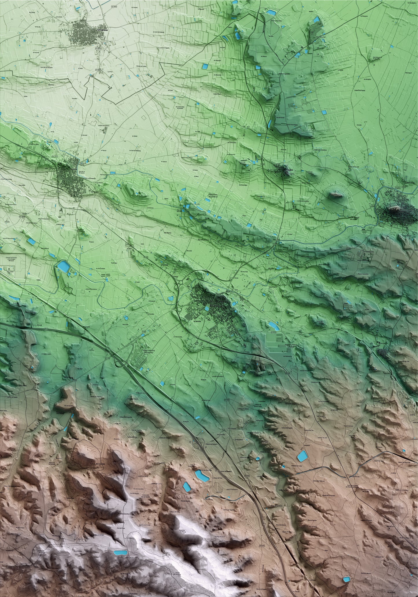 Mapa artístico del relieve de les Borges Blanques, a las Garrigues, con 15 km de entorno y base topográfica ICGC