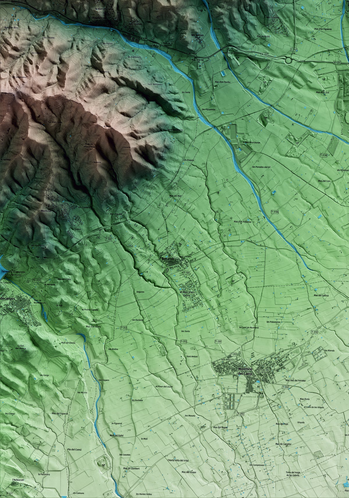 Mapa artístico del relieve de les Borges del Camp, al Baix Camp, con 15 km de entorno y base topográfica ICGC. Detalle de la zona inferior izquierda.