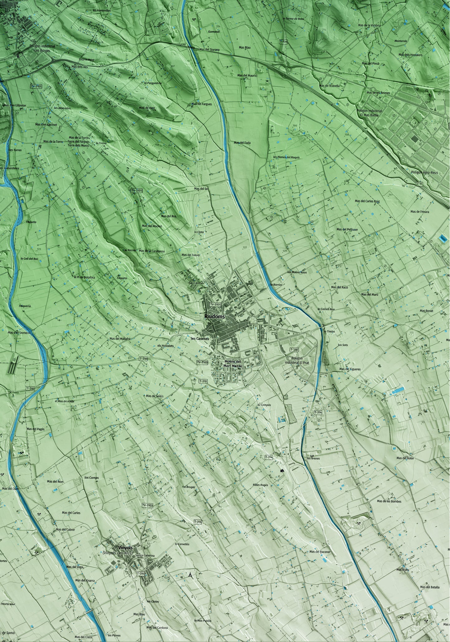 Mapa artístico del relieve de les Borges del Camp, al Baix Camp, con 15 km de entorno y base topográfica ICGC. Detalle de la zona inferior derecha.