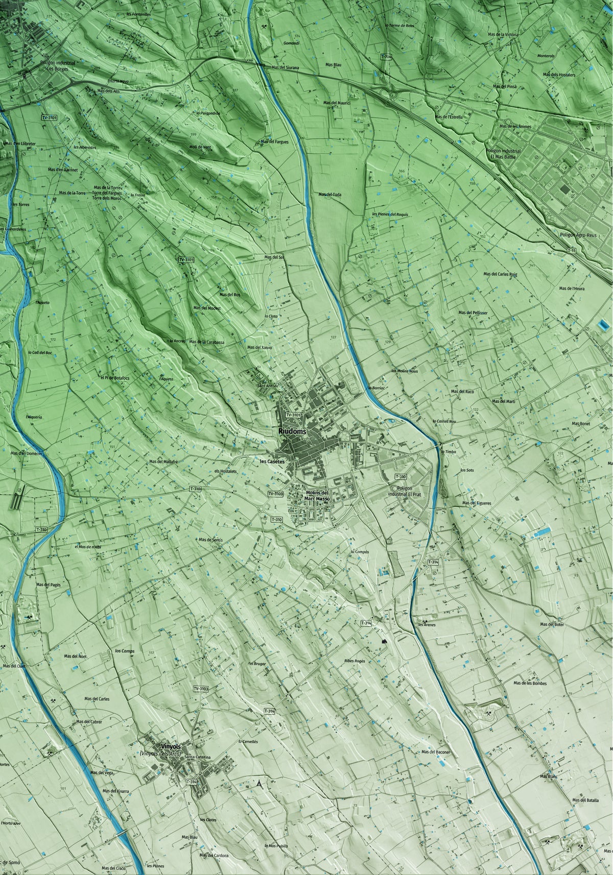 Mapa artístico del relieve de les Borges del Camp, al Baix Camp, con 15 km de entorno y base topográfica ICGC. Detalle de la zona inferior derecha.