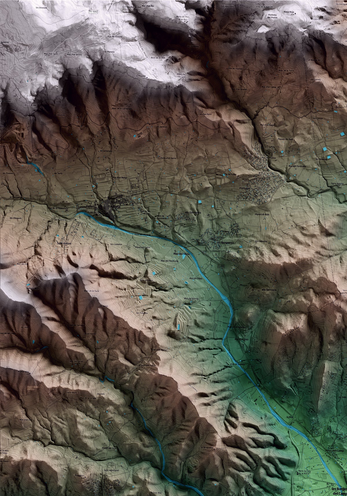 Mapa artístico del relieve de les Borges del Camp, al Baix Camp, con 15 km de entorno y base topográfica ICGC. Detalle de la zona superior izquierda.