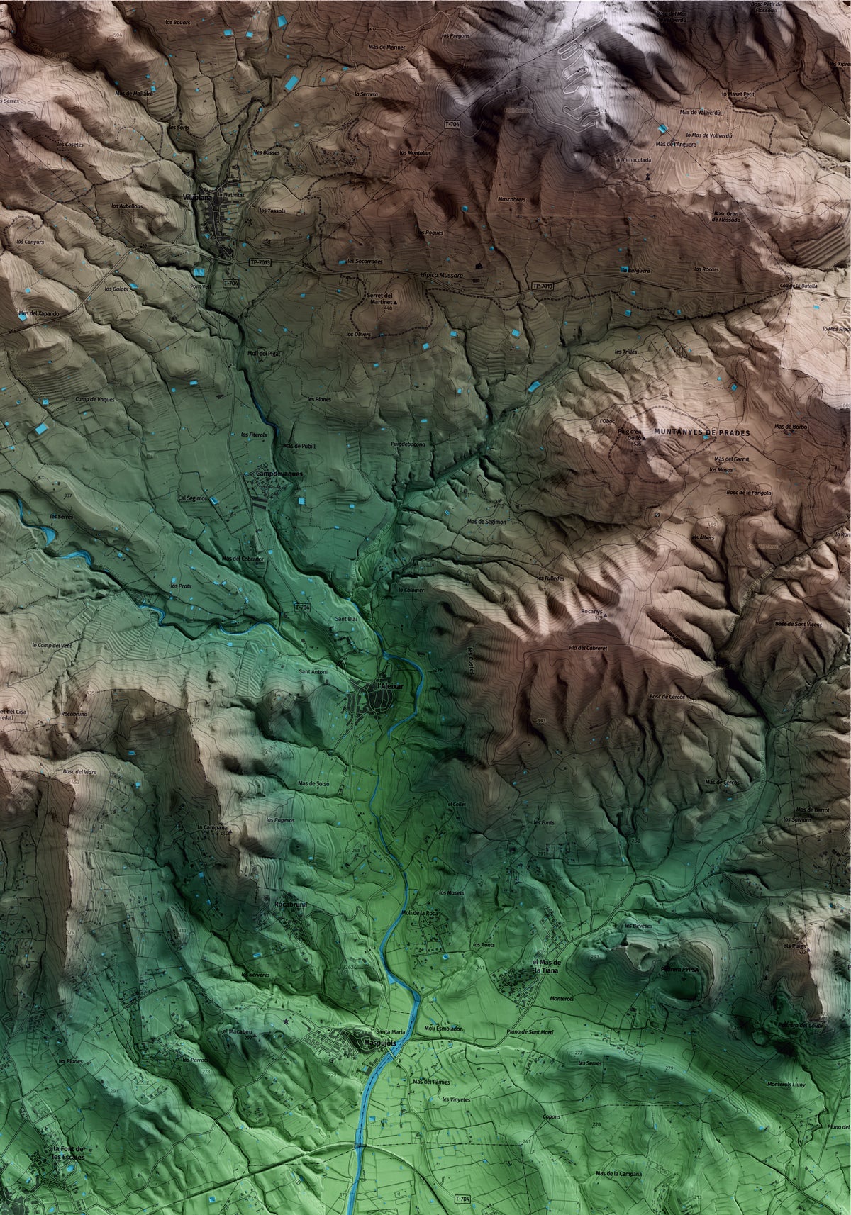 Mapa artístico del relieve de les Borges del Camp, al Baix Camp, con 15 km de entorno y base topográfica ICGC. Detalle de la zona superior derecha.