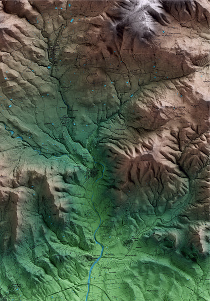 Mapa artístico del relieve de les Borges del Camp, al Baix Camp, con 15 km de entorno y base topográfica ICGC. Detalle de la zona superior derecha.