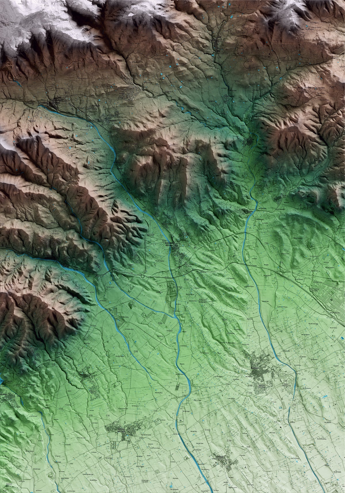 Mapa artístico del relieve de les Borges del Camp, al Baix Camp, con 15 km de entorno y base topográfica ICGC