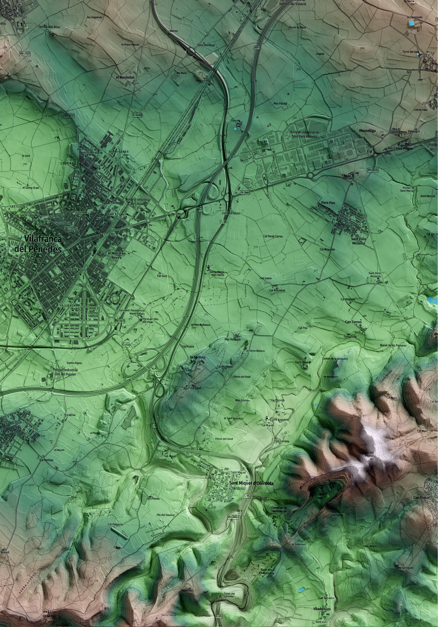 Mapa artístico del relieve de les Cabanyes, al Alt Penedès, con 15 km de entorno y base topográfica ICGC. Detalle de la zona inferior derecha.