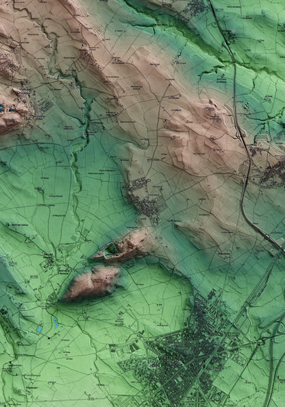 Mapa artístico del relieve de les Cabanyes, al Alt Penedès, con 15 km de entorno y base topográfica ICGC. Detalle de la zona central.