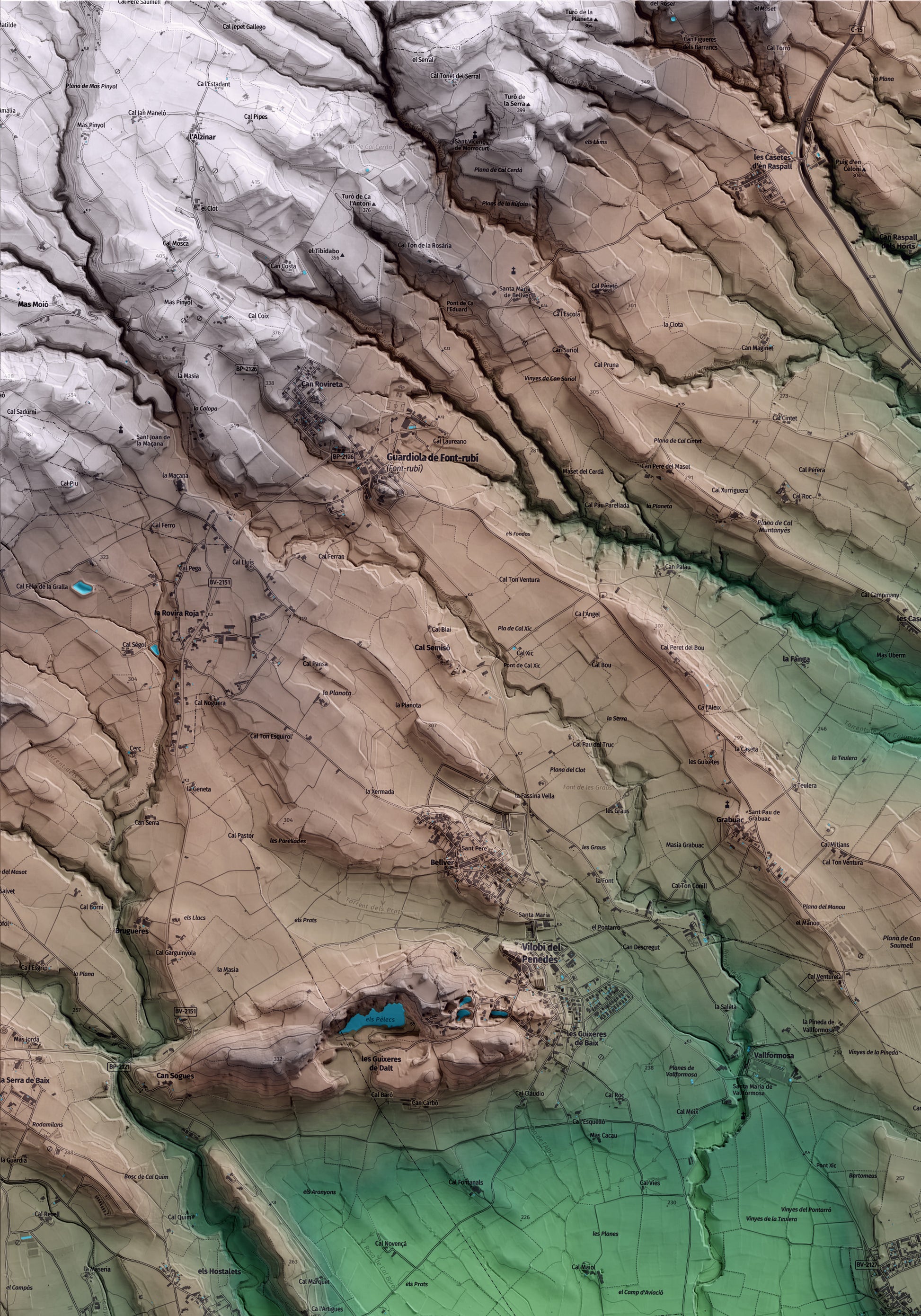Mapa artístico del relieve de les Cabanyes, al Alt Penedès, con 15 km de entorno y base topográfica ICGC. Detalle de la zona superior izquierda.