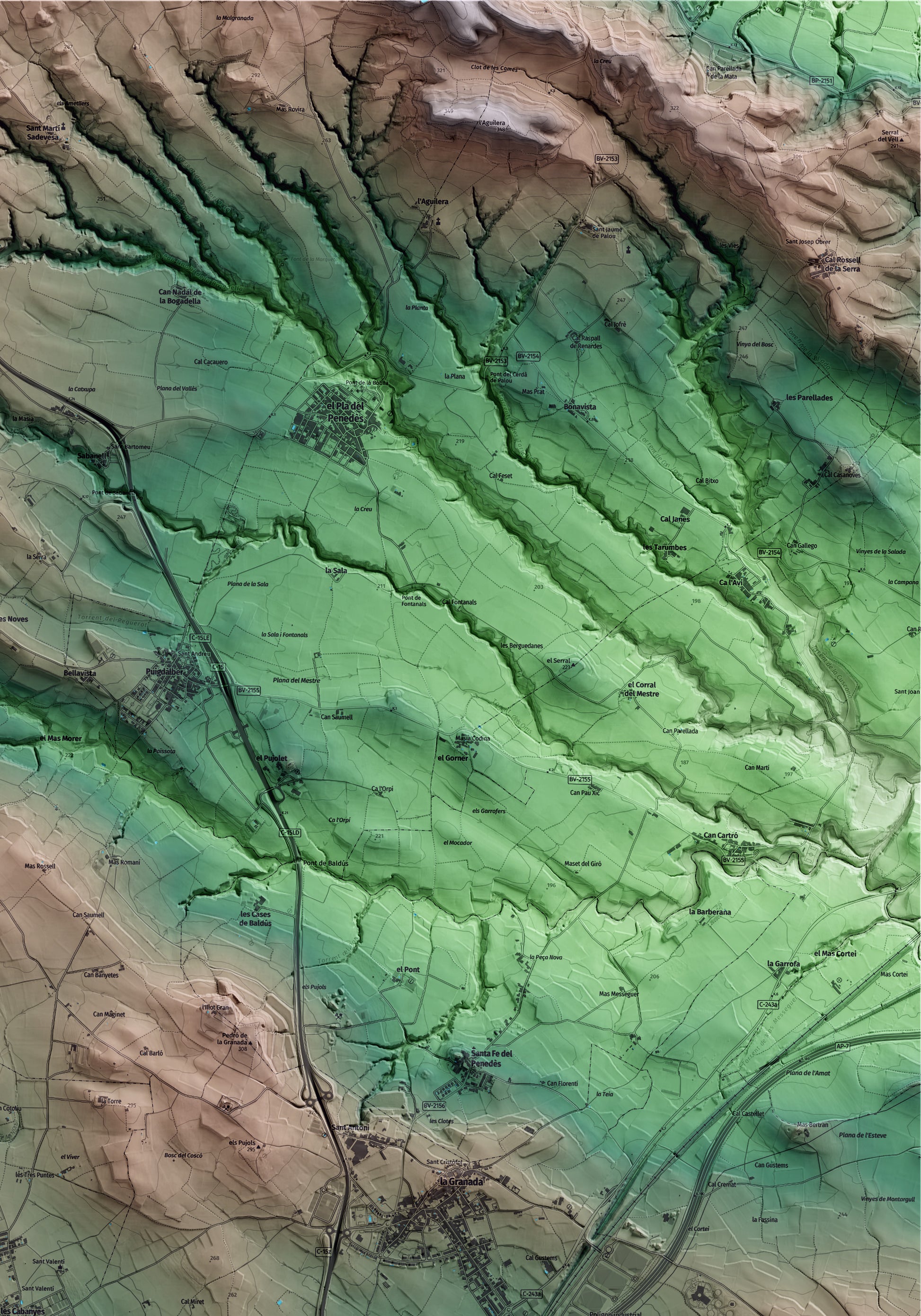 Mapa artístico del relieve de les Cabanyes, al Alt Penedès, con 15 km de entorno y base topográfica ICGC. Detalle de la zona superior derecha.