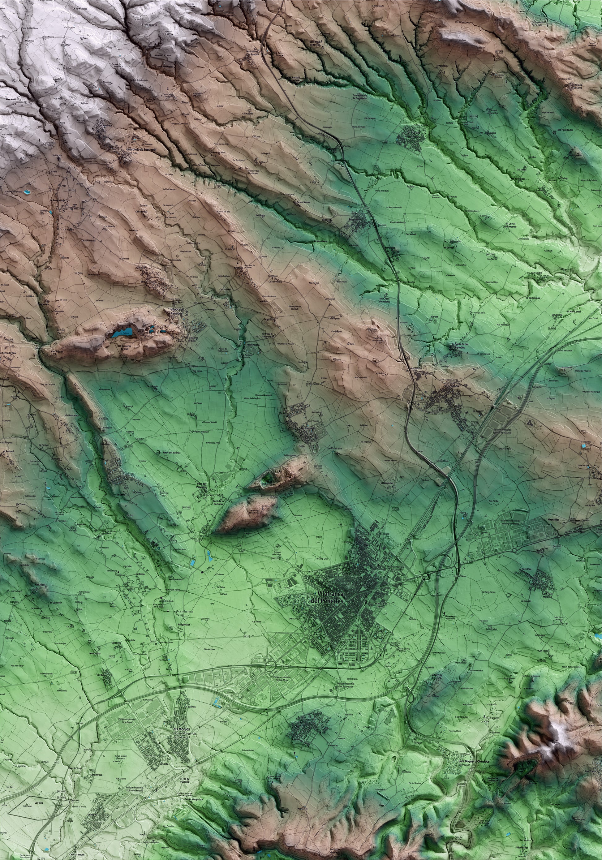 Mapa artístico del relieve de les Cabanyes, al Alt Penedès, con 15 km de entorno y base topográfica ICGC