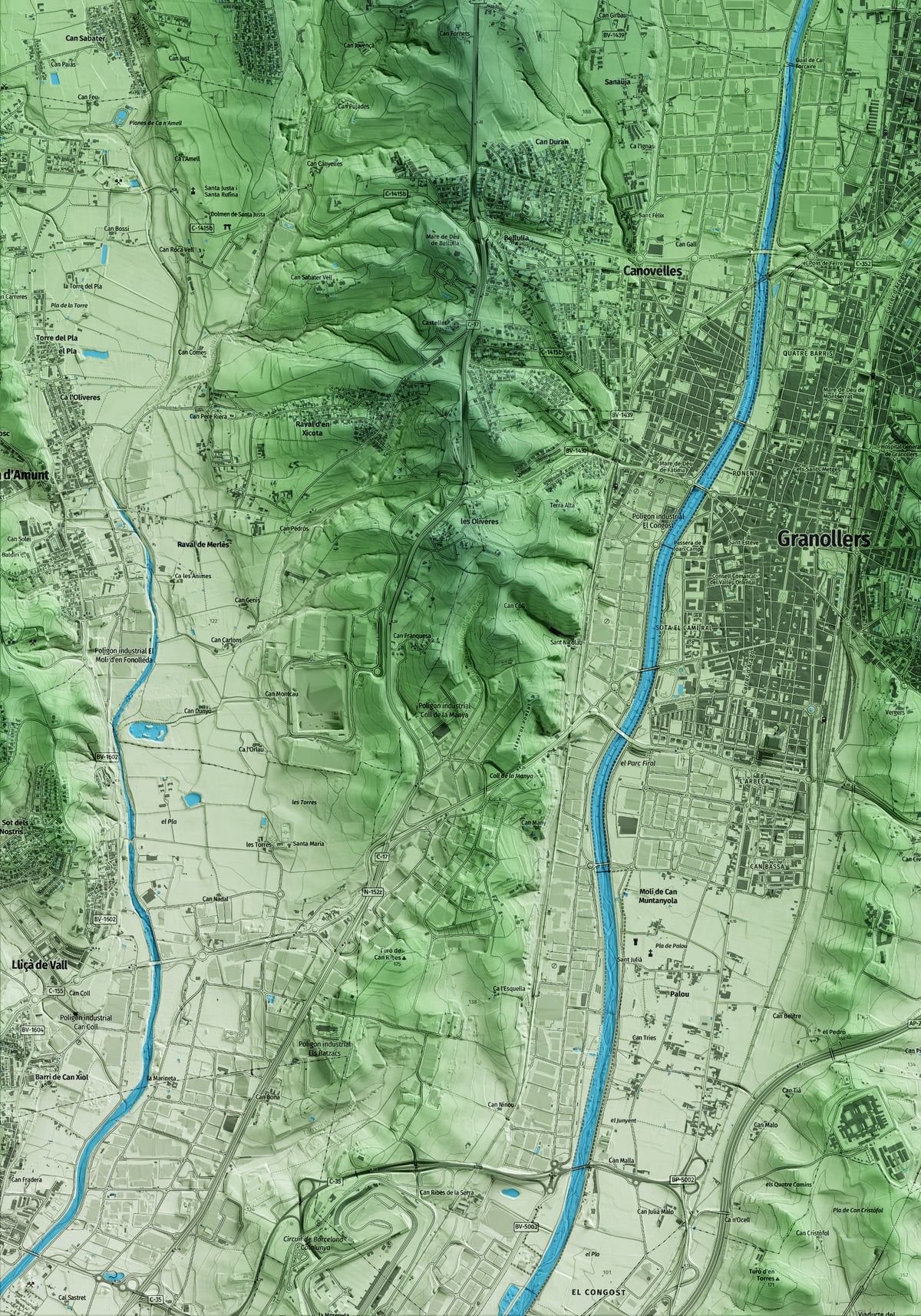 Mapa artístico del relieve de les Franqueses del Vallès, al Vallès Oriental, con 15 km de entorno y base topográfica ICGC. Detalle de la zona inferior izquierda.