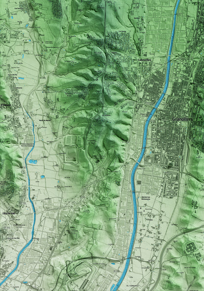 Mapa artístico del relieve de les Franqueses del Vallès, al Vallès Oriental, con 15 km de entorno y base topográfica ICGC. Detalle de la zona inferior izquierda.