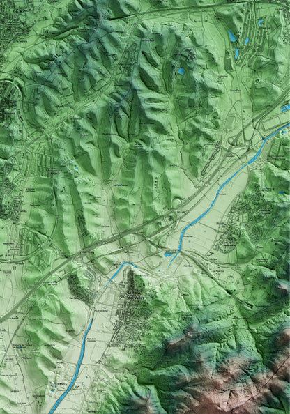 Mapa artístico del relieve de les Franqueses del Vallès, al Vallès Oriental, con 15 km de entorno y base topográfica ICGC. Detalle de la zona inferior derecha.