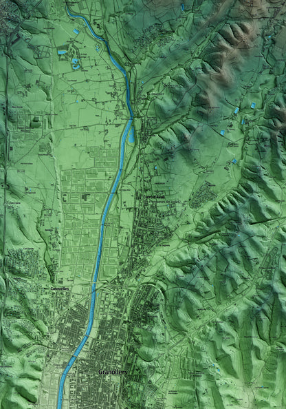 Mapa artístico del relieve de les Franqueses del Vallès, al Vallès Oriental, con 15 km de entorno y base topográfica ICGC. Detalle de la zona central.