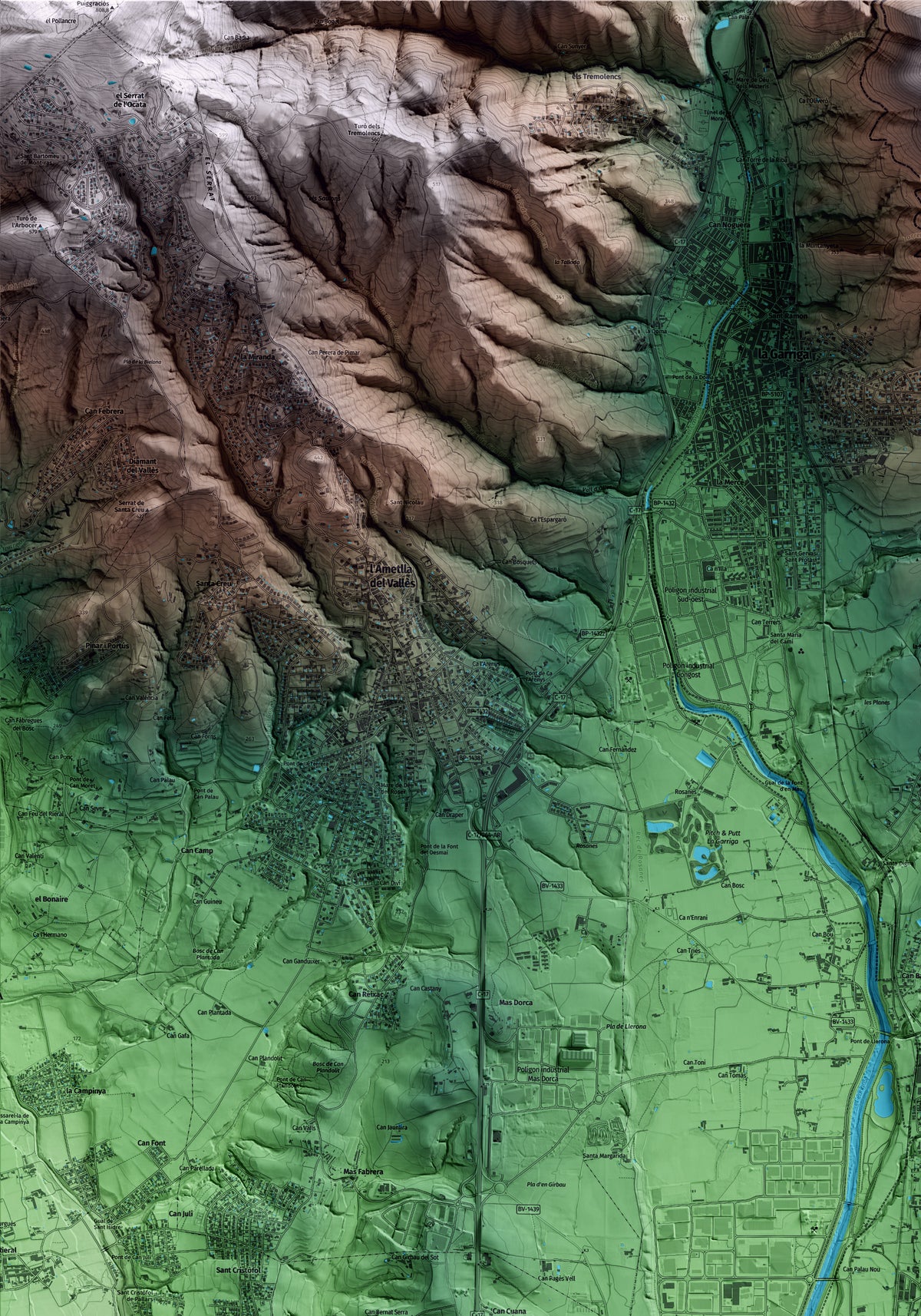 Mapa artístico del relieve de les Franqueses del Vallès, al Vallès Oriental, con 15 km de entorno y base topográfica ICGC. Detalle de la zona superior izquierda.