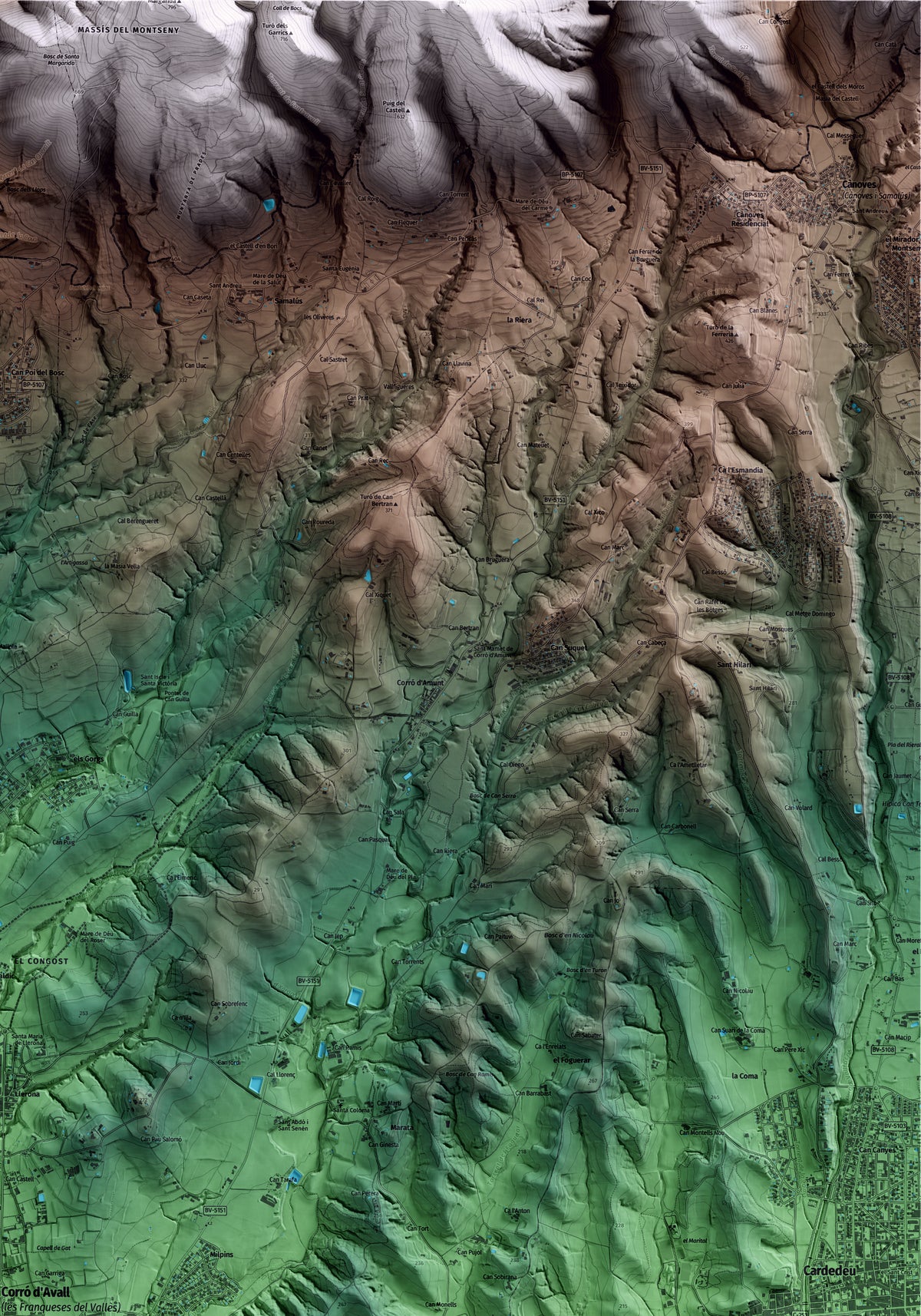 Mapa artístico del relieve de les Franqueses del Vallès, al Vallès Oriental, con 15 km de entorno y base topográfica ICGC. Detalle de la zona superior derecha.