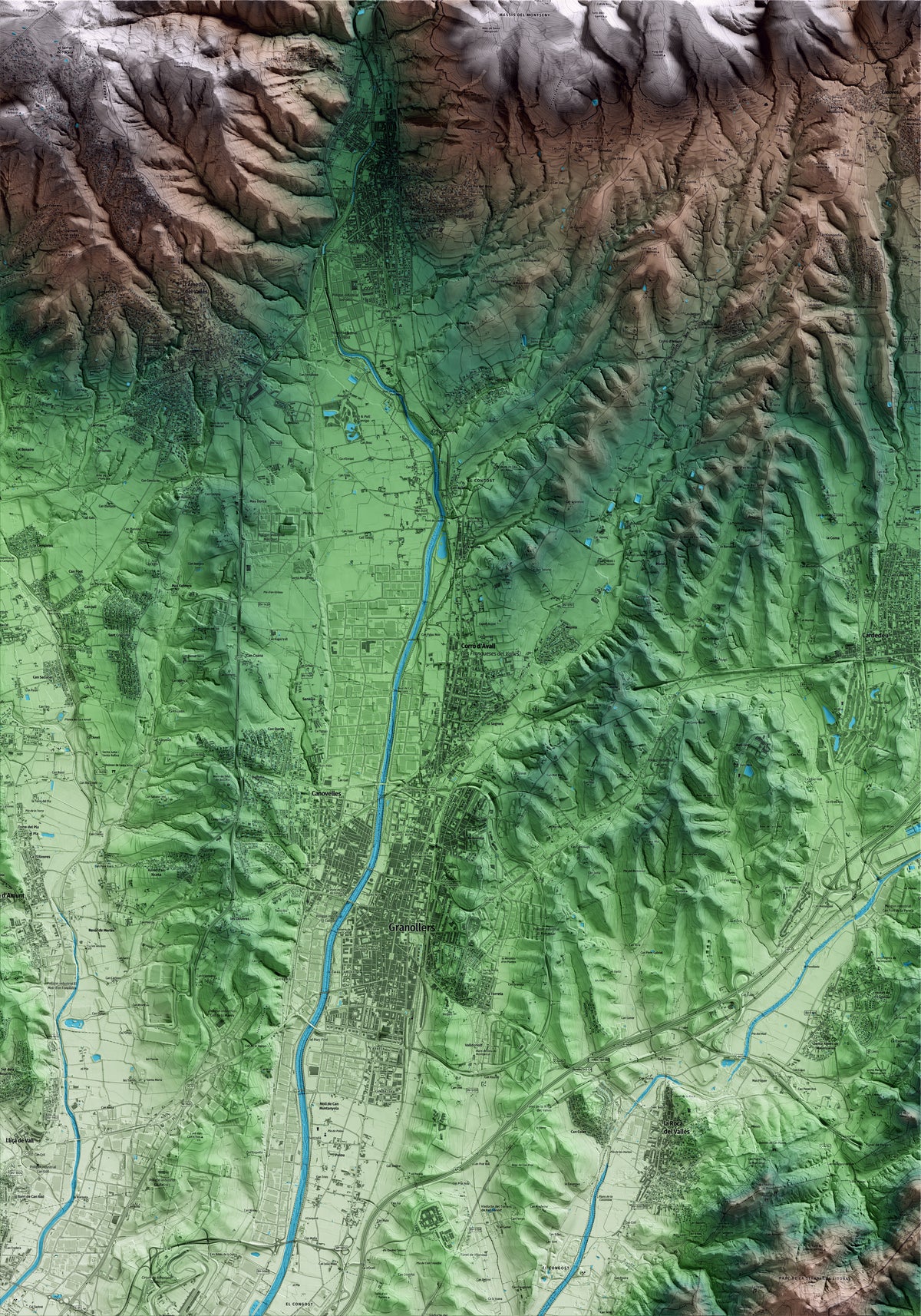 Mapa artístico del relieve de les Franqueses del Vallès, al Vallès Oriental, con 15 km de entorno y base topográfica ICGC