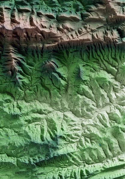 Mapa artístico del relieve de les Llosses, al Ripollès, con 15 km de entorno y base topográfica ICGC. Detalle de la zona inferior derecha.