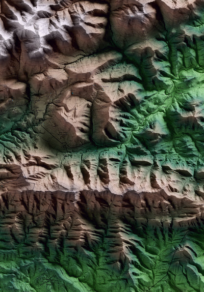 Mapa artístico del relieve de les Llosses, al Ripollès, con 15 km de entorno y base topográfica ICGC. Detalle de la zona central.