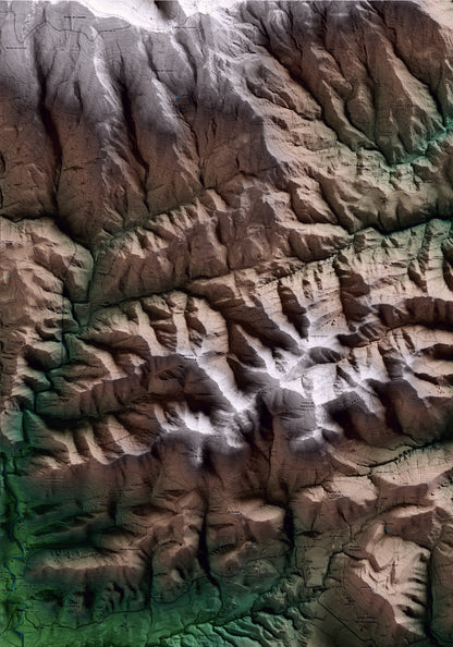 Mapa artístico del relieve de les Llosses, al Ripollès, con 15 km de entorno y base topográfica ICGC. Detalle de la zona superior izquierda.
