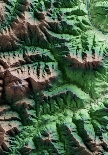 Mapa artístico del relieve de les Llosses, al Ripollès, con 15 km de entorno y base topográfica ICGC. Detalle de la zona superior derecha.