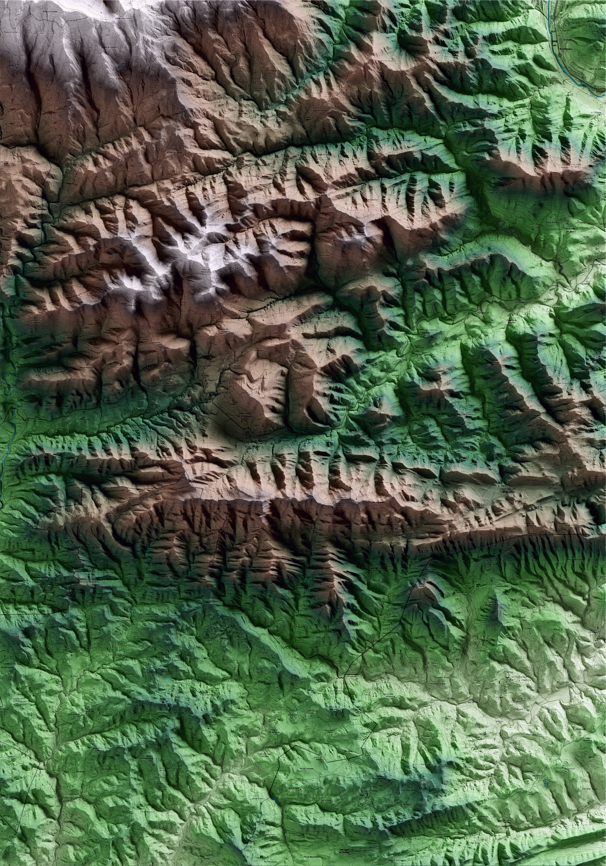 Mapa artístico del relieve de les Llosses, al Ripollès, con 15 km de entorno y base topográfica ICGC