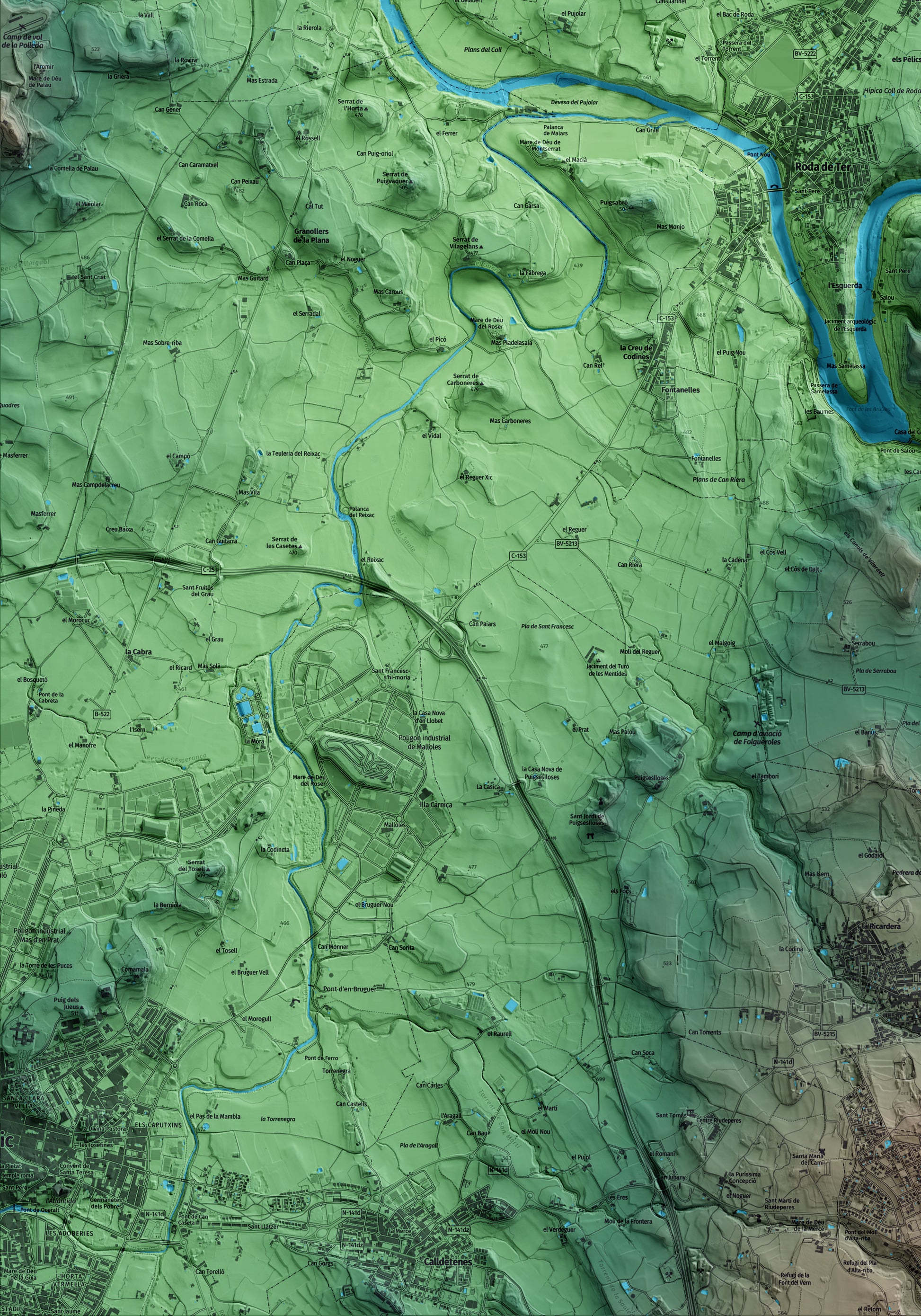 Mapa artístico del relieve de les Masies de Roda, a Osona, con 15 km de entorno y base topográfica ICGC. Detalle de la zona inferior izquierda.