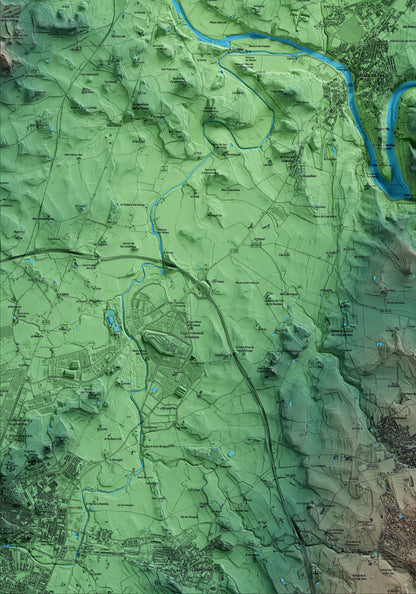 Mapa artístico del relieve de les Masies de Roda, a Osona, con 15 km de entorno y base topográfica ICGC. Detalle de la zona inferior izquierda.