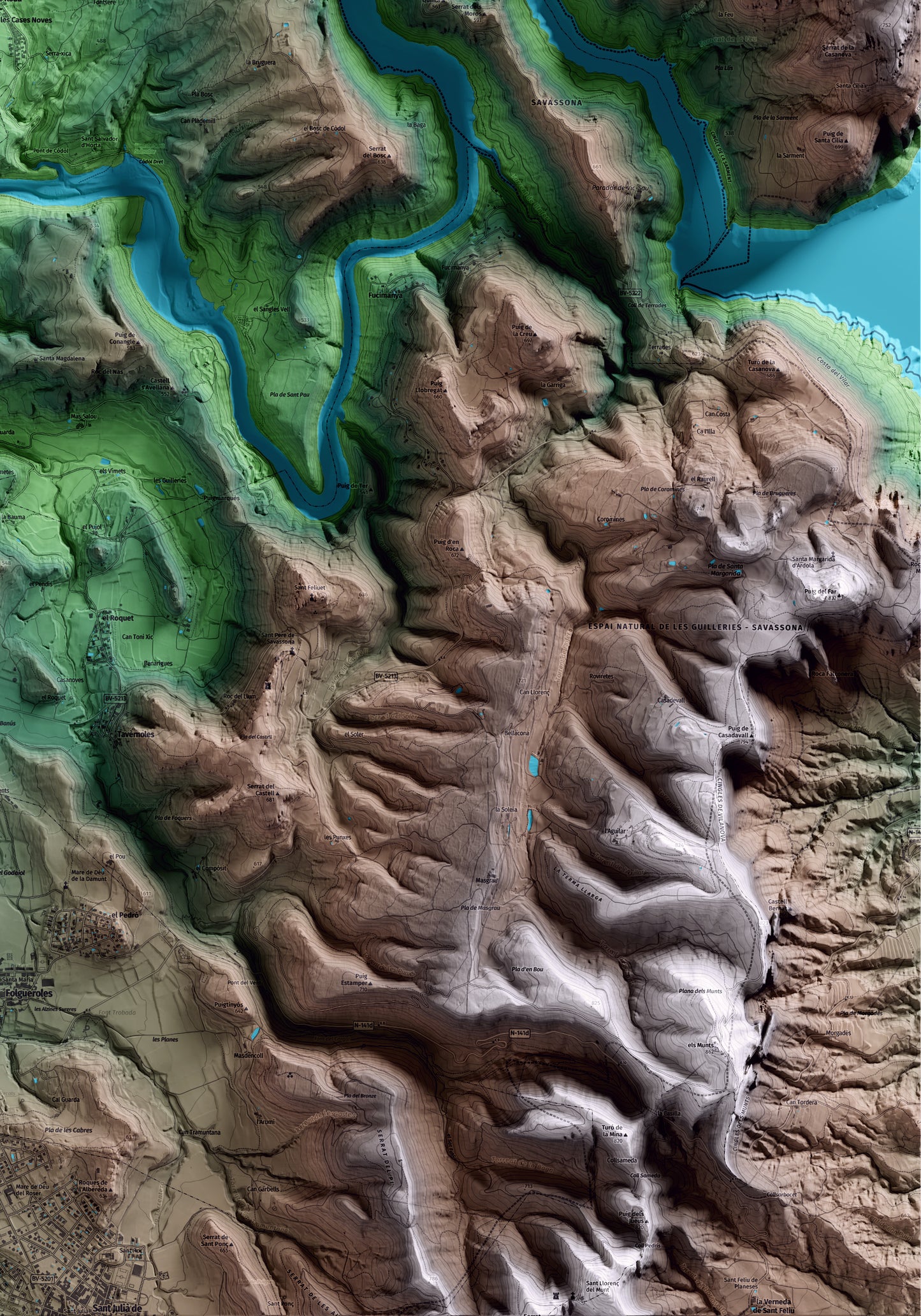 Mapa artístico del relieve de les Masies de Roda, a Osona, con 15 km de entorno y base topográfica ICGC. Detalle de la zona inferior derecha.