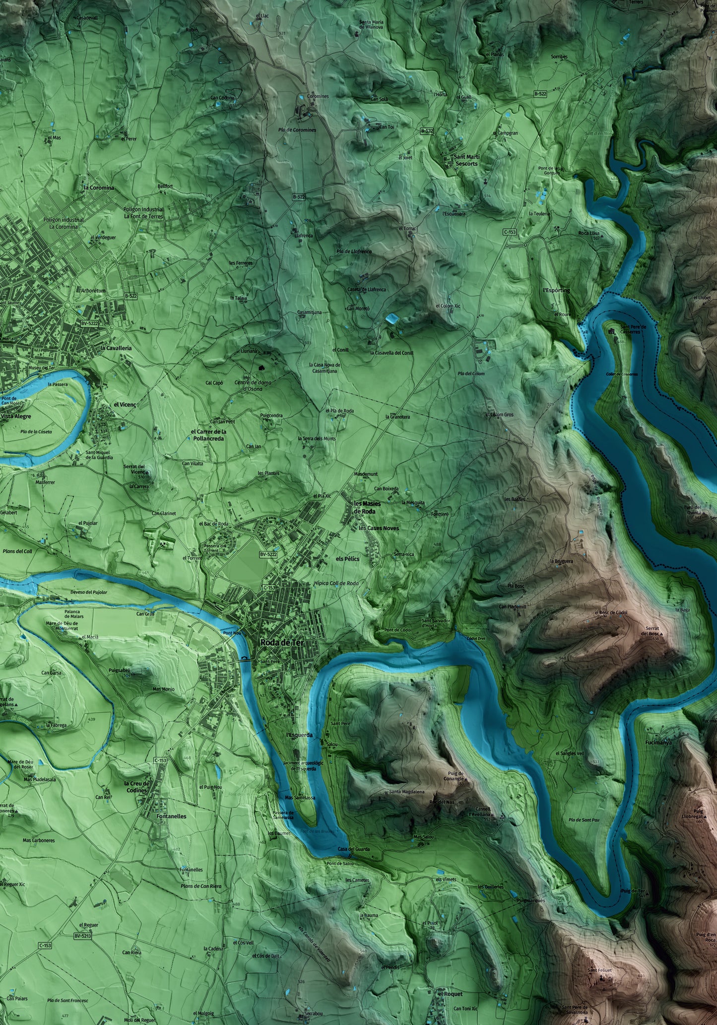 Mapa artístico del relieve de les Masies de Roda, a Osona, con 15 km de entorno y base topográfica ICGC. Detalle de la zona central.