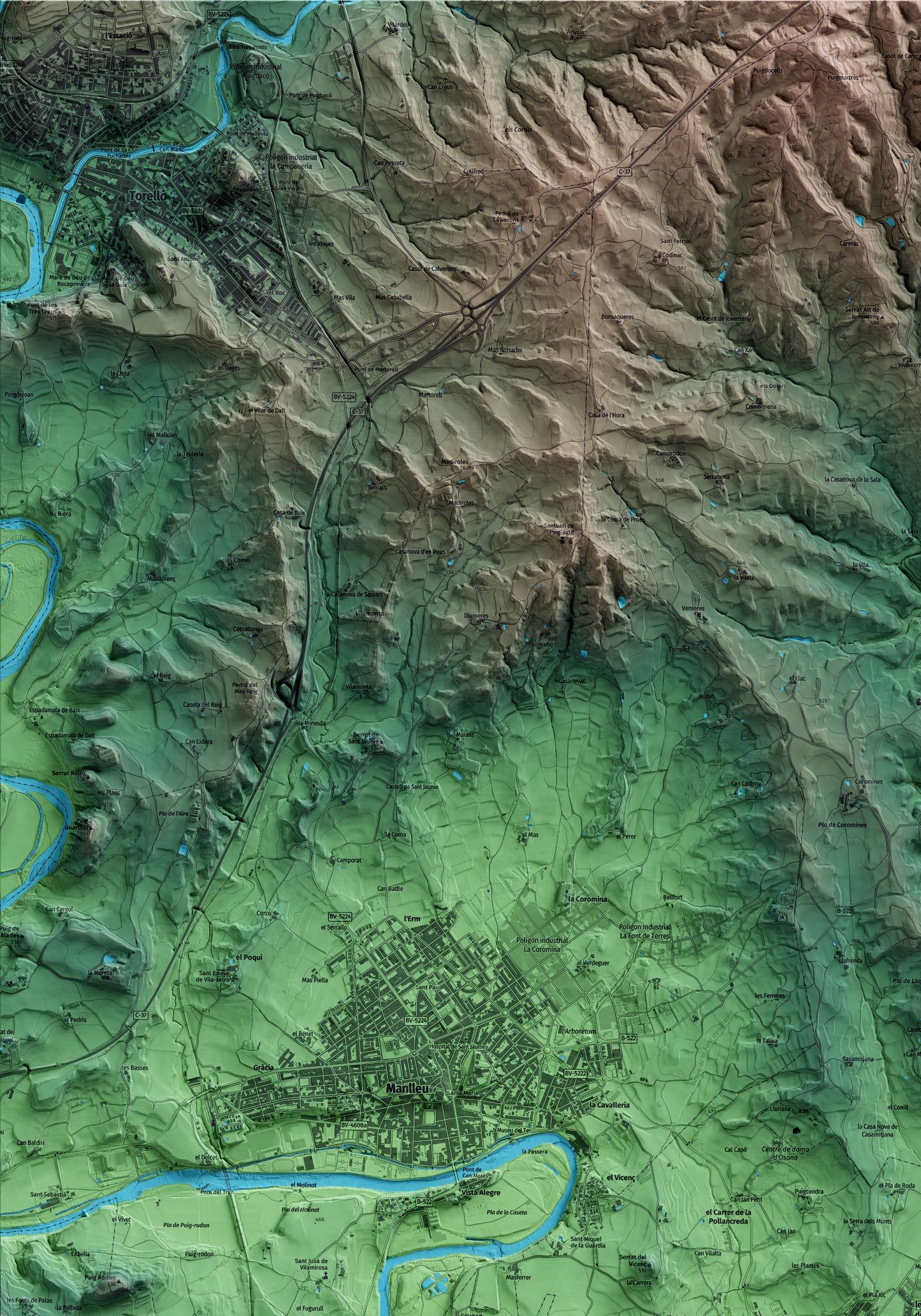 Mapa artístico del relieve de les Masies de Roda, a Osona, con 15 km de entorno y base topográfica ICGC. Detalle de la zona superior izquierda.