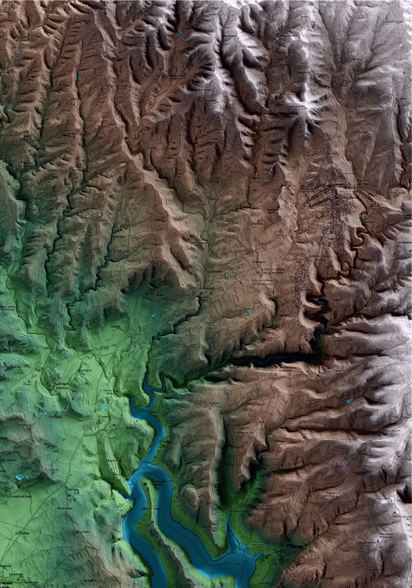 Mapa artístico del relieve de les Masies de Roda, a Osona, con 15 km de entorno y base topográfica ICGC. Detalle de la zona superior derecha.