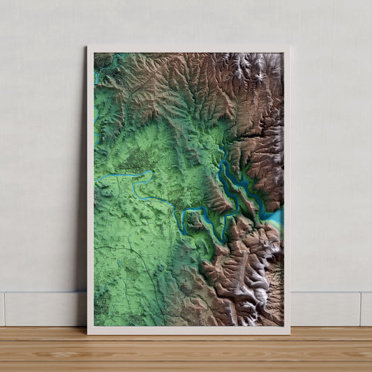 Mapa artístico del relieve de les Masies de Roda, a Osona, con 15 km de entorno y base topográfica ICGC. Presentación enmarcada.