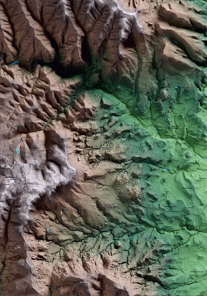 Mapa artístico del relieve de les Masies de Voltregà, a Osona, con 15 km de entorno y base topográfica ICGC. Detalle de la zona inferior izquierda.