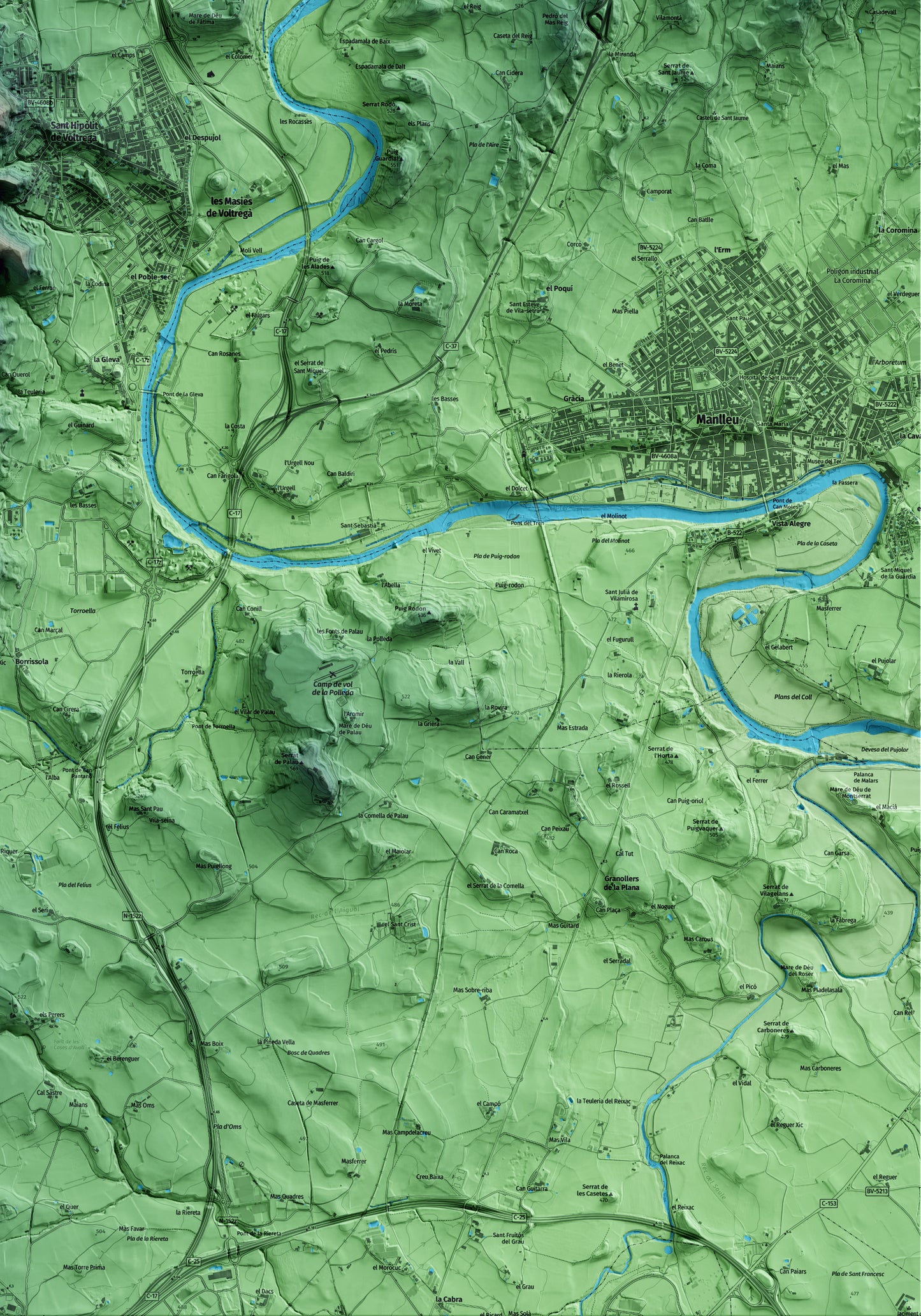 Mapa artístico del relieve de les Masies de Voltregà, a Osona, con 15 km de entorno y base topográfica ICGC. Detalle de la zona inferior derecha.