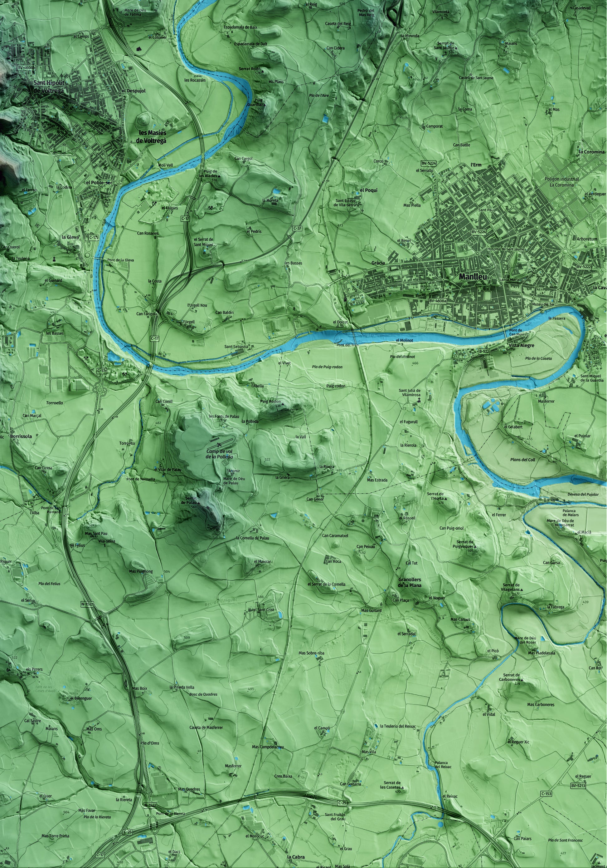 Mapa artístico del relieve de les Masies de Voltregà, a Osona, con 15 km de entorno y base topográfica ICGC. Detalle de la zona inferior derecha.