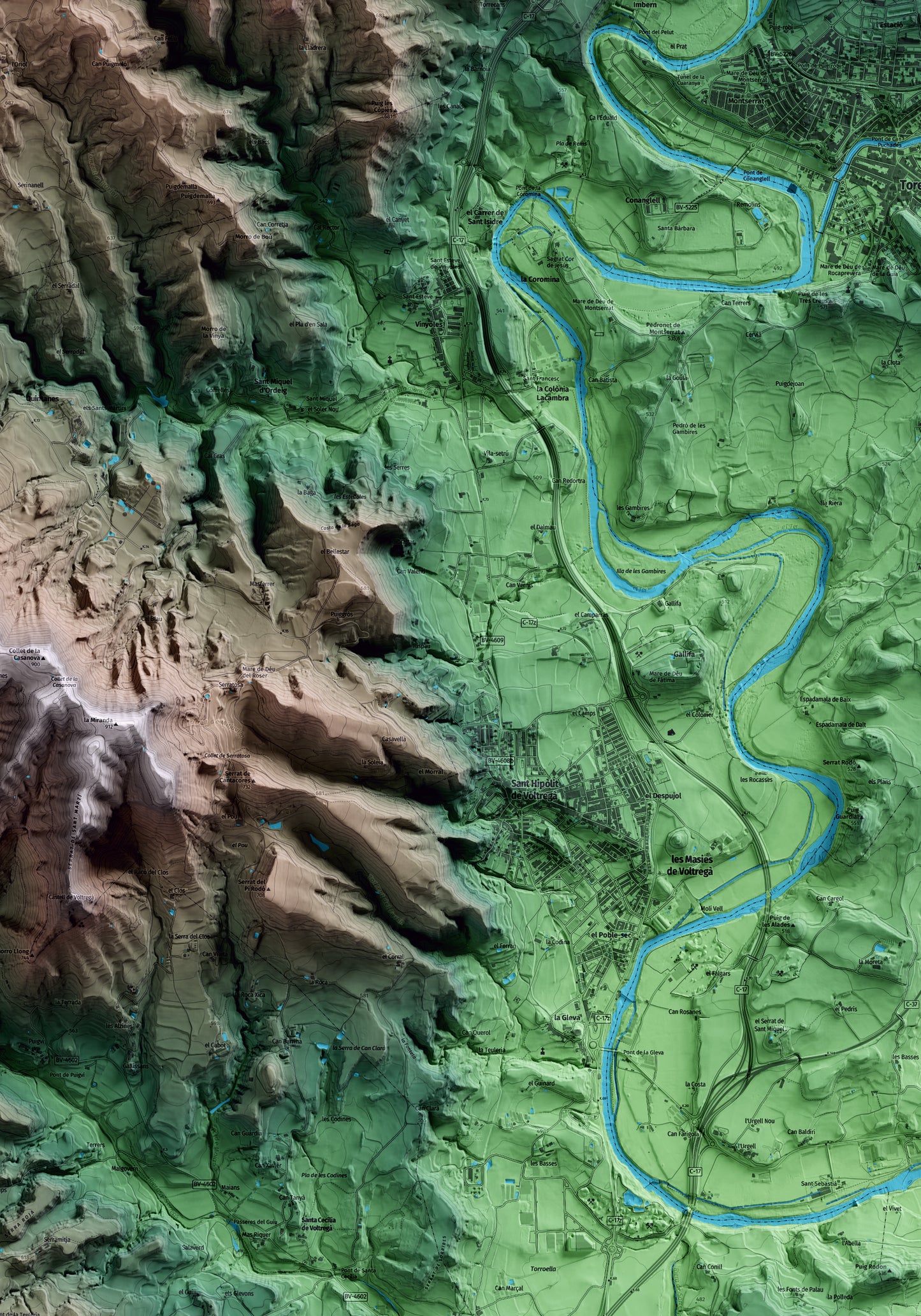 Mapa artístico del relieve de les Masies de Voltregà, a Osona, con 15 km de entorno y base topográfica ICGC. Detalle de la zona central.