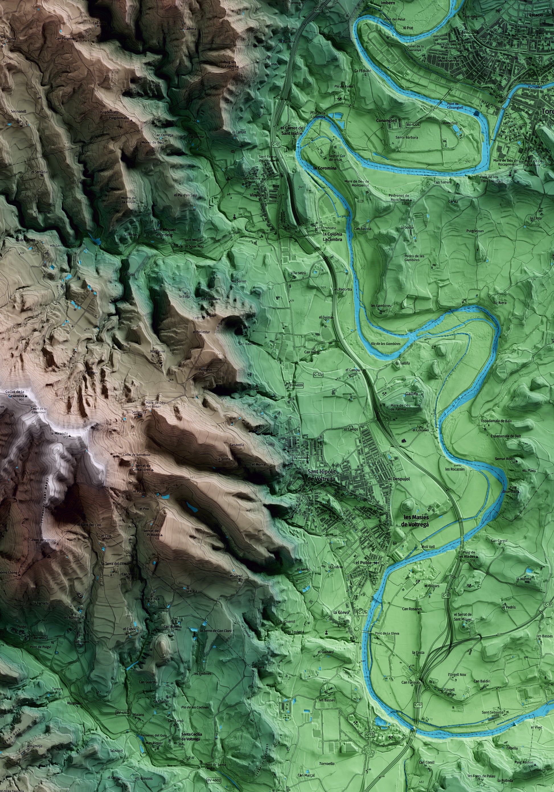 Mapa artístico del relieve de les Masies de Voltregà, a Osona, con 15 km de entorno y base topográfica ICGC. Detalle de la zona central.