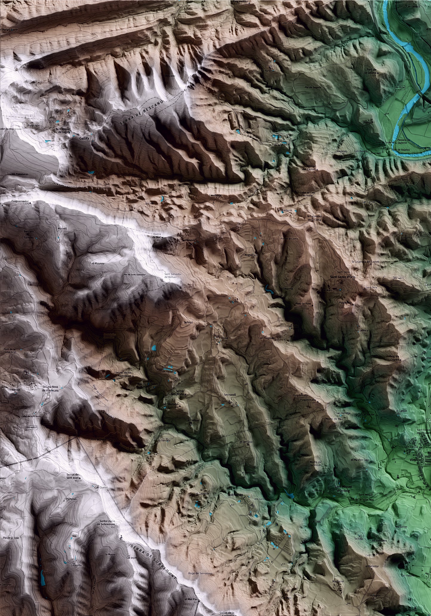 Mapa artístico del relieve de les Masies de Voltregà, a Osona, con 15 km de entorno y base topográfica ICGC. Detalle de la zona superior izquierda.
