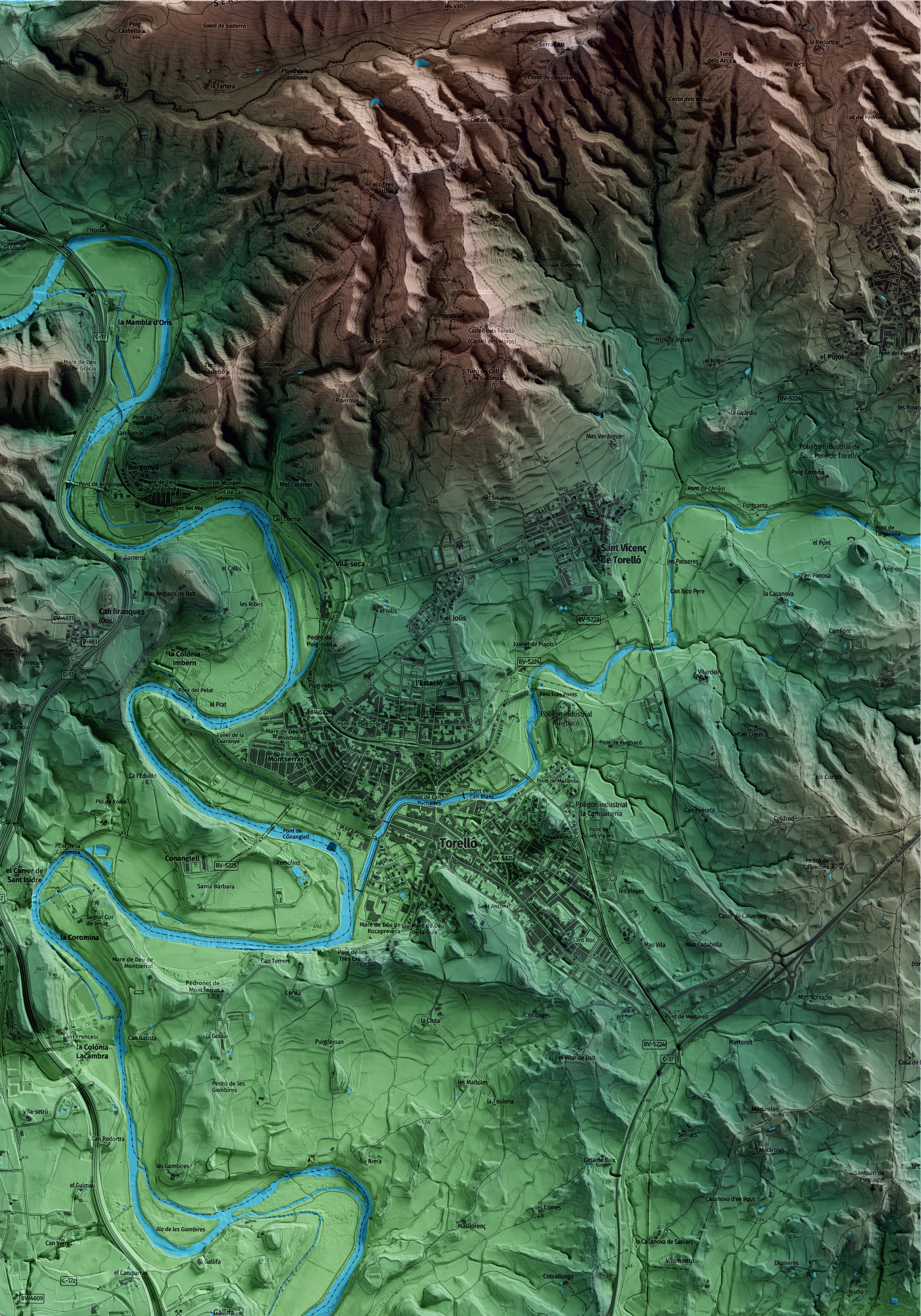 Mapa artístico del relieve de les Masies de Voltregà, a Osona, con 15 km de entorno y base topográfica ICGC. Detalle de la zona superior derecha.