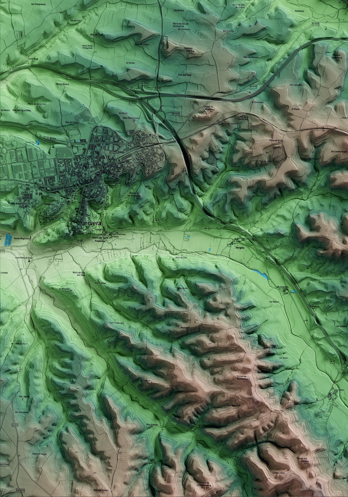 Mapa artístico del relieve de les Oluges, a la Segarra, con 15 km de entorno y base topográfica ICGC. Detalle de la zona inferior izquierda.