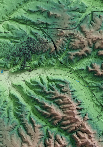 Mapa artístico del relieve de les Oluges, a la Segarra, con 15 km de entorno y base topográfica ICGC. Detalle de la zona inferior izquierda.
