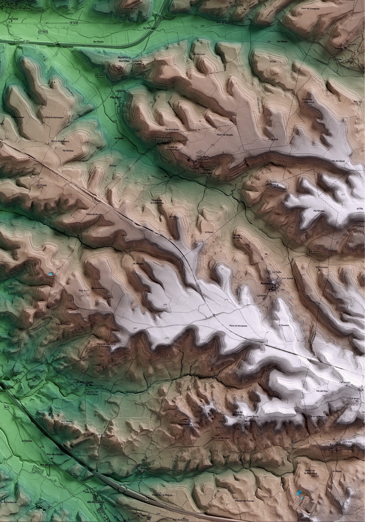 Mapa artístico del relieve de les Oluges, a la Segarra, con 15 km de entorno y base topográfica ICGC. Detalle de la zona inferior derecha.