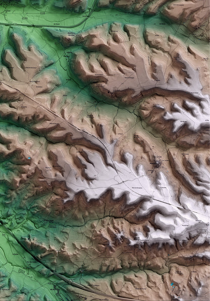 Mapa artístico del relieve de les Oluges, a la Segarra, con 15 km de entorno y base topográfica ICGC. Detalle de la zona inferior derecha.