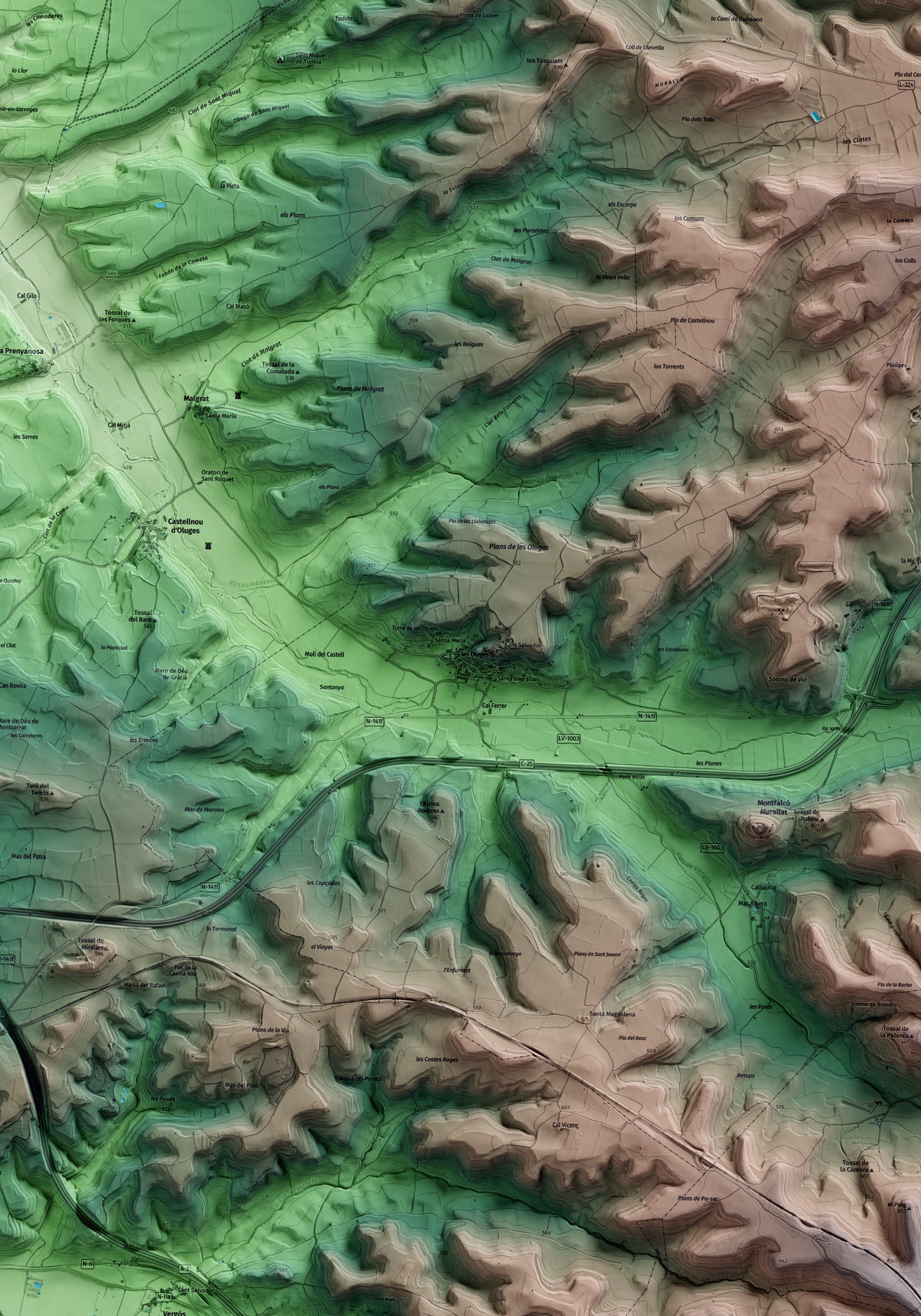 Mapa artístico del relieve de les Oluges, a la Segarra, con 15 km de entorno y base topográfica ICGC. Detalle de la zona central.