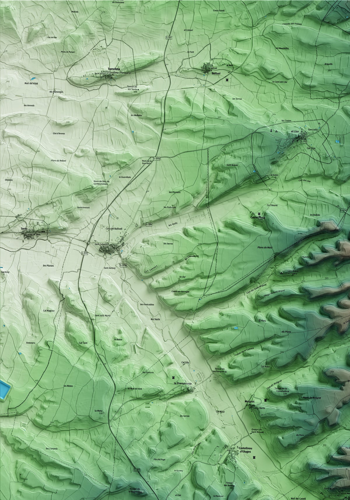 Mapa artístico del relieve de les Oluges, a la Segarra, con 15 km de entorno y base topográfica ICGC. Detalle de la zona superior izquierda.