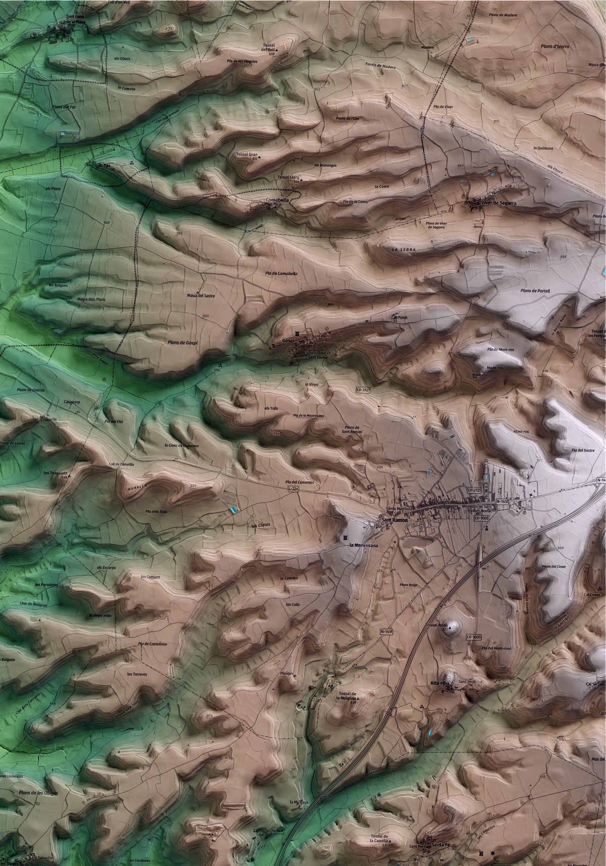 Mapa artístico del relieve de les Oluges, a la Segarra, con 15 km de entorno y base topográfica ICGC. Detalle de la zona superior derecha.