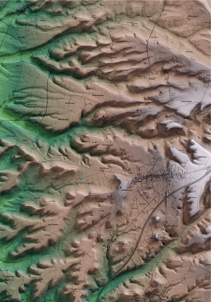 Mapa artístico del relieve de les Oluges, a la Segarra, con 15 km de entorno y base topográfica ICGC. Detalle de la zona superior derecha.