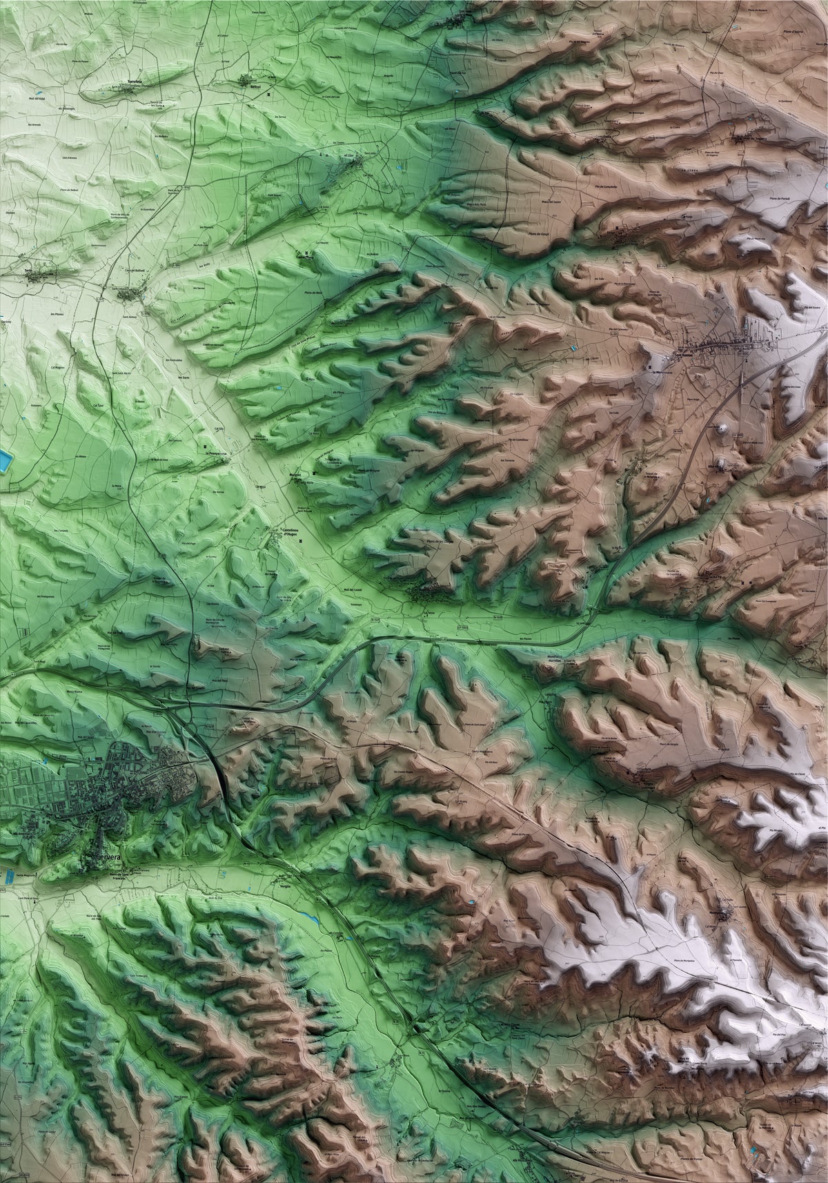 Mapa artístico del relieve de les Oluges, a la Segarra, con 15 km de entorno y base topográfica ICGC