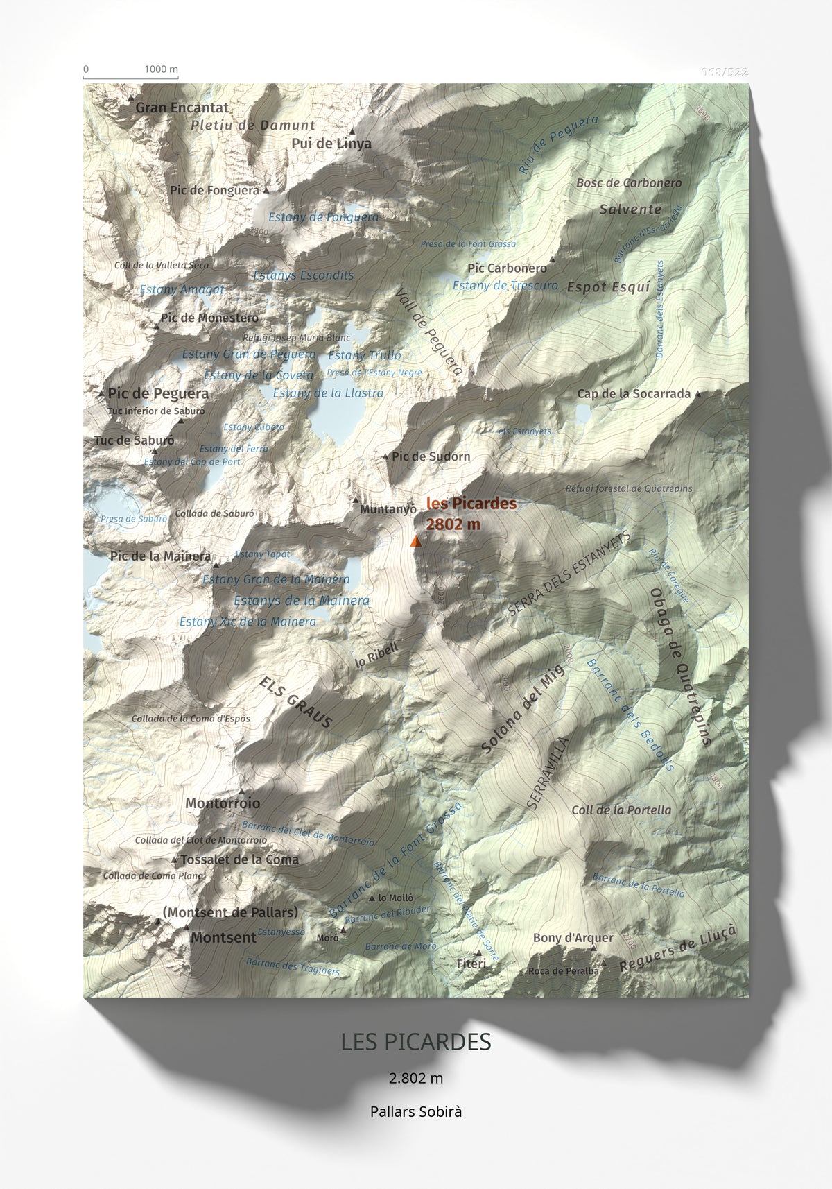 Mapa de relieve de les Picardes, 2802 m, Pallars Sobirà, lámina 100 Cims de Trobart 21 × 30 cm.